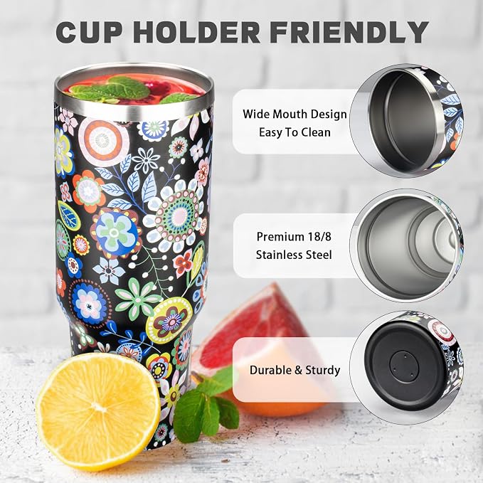 40 oz Tumbler with Lids and Straws, Stainless Steel Insulated Coffee Tumbler, Double Wall Vacuum Insulated Travel Mug Cup, Leakproof Thermal Coffee Cup for Hot and Cold Drinks (Flower) - Image 3