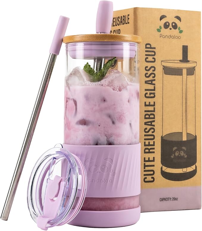Pandaloo® Glass Cups With Lids and Straws -20 Fl Oz- Perfect Size Iced Coffee Cup - Smoothie Cup With Bamboo Lid and On the go Lid - Glass Tumbler With Straw (1 Count (Pack of 1), Lilac Rhapsody) by Pandaloo