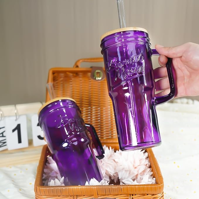 ANOTION Glass Cups with Handle, 24oz Glass Cups with Lids and Straws Travel Coffee Mug Bamboo Mason Jar Iced Cup Smoothie Tea Clear Cute Water Drinking Jars Glasses, Purple - Image 7