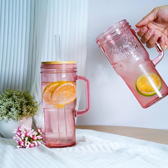 ANOTION Glass Cups with Handle, 24oz Glass Cups with Lids and Straws Travel Coffee Mug Bamboo Mason Jar Iced Cup Smoothie Tea Clear Cute Water Drinking Jars Glasses - Image 4