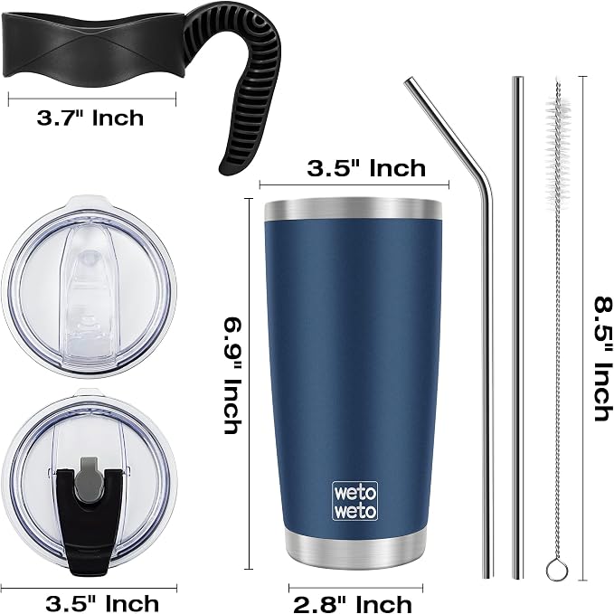 WETOWETO 20oz Tumbler with 2 lids and 2 straws, Stainless Steel Vacuum Insulated Water Coffee Tumbler Cup with Handle, Double Wall Powder Coated Spill-Proof Travel Mug Thermal Cup (Navy Blue, 1 Pack) - Image 3