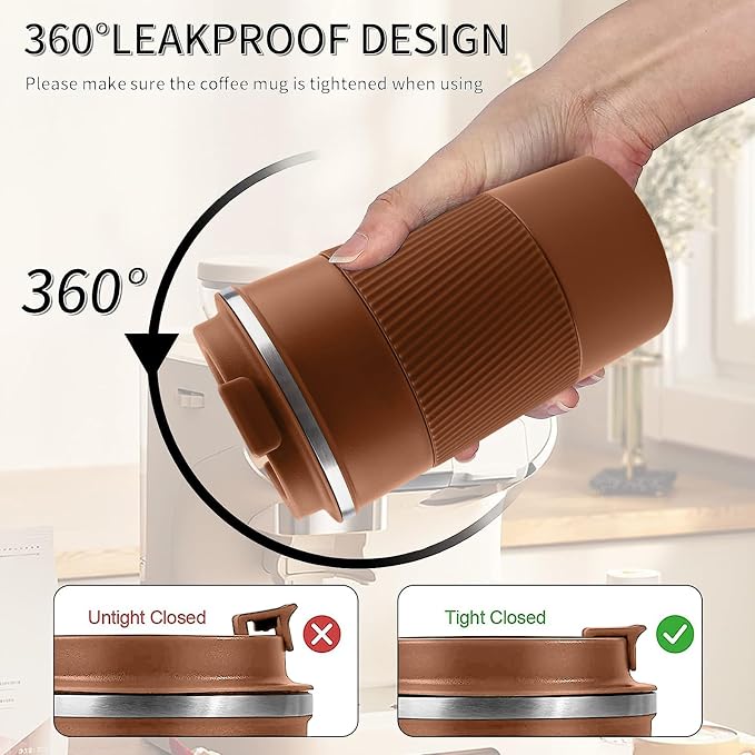 YINBAOGE Insulated Travel Coffee Mug, Spill & Leak Proof, Portable To Go Camping Stainless Steel Coffee Tumbler, Reusable Thermal Coffee Cup with Lid for Hot & Cold Drinks (Brown, 12 OZ) - Image 4