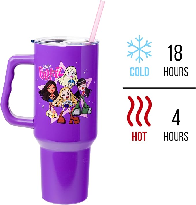 Silver Buffalo Bratz Featuring Cloe, Yasmin, Jade, and Sasha Double Walled Stainless Steel Tumbler with Handle and Straw, Fits in Standard Cup Holder, 40 Ounces - Image 3