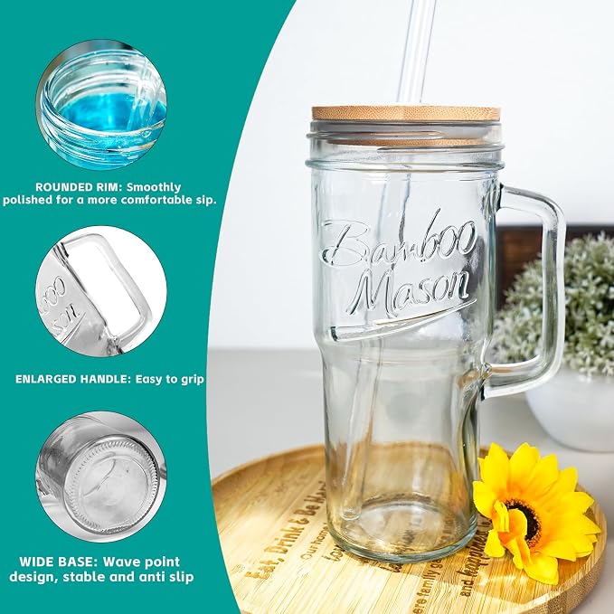 ANOTION Glass Cups with Lids and Straws - 24 oz Tumbler with Handle Christmas Coffee Cups Glass Straws Mason Jar Cups Drinking Set Kitchen Essentials Coffee Bar House Warming Gifts New Home - Image 4