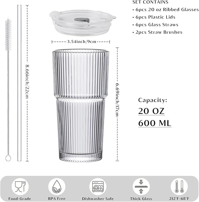 INSETLAN 6-Piece Glassware Set – 20 oz Ribbed Glass Tumblers with Lids and Glass Straws, Heavy-Duty Tumblers, Ideal for Iced Coffee, Smoothies, Cocktails, and Juices – Elegant and Durable Drinkware - Image 3