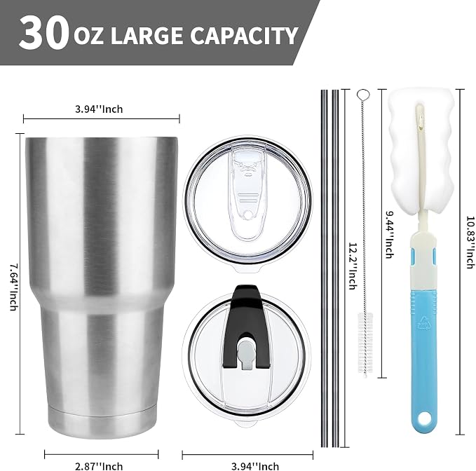30 oz Tumbler with Lids and Straws, Stainless Steel Insulated Coffee Tumbler, Double Wall Vacuum Insulated Travel Mug Cup, Leakproof Thermal Coffee Cup for Hot and Cold Drinks(Silver) - Image 2