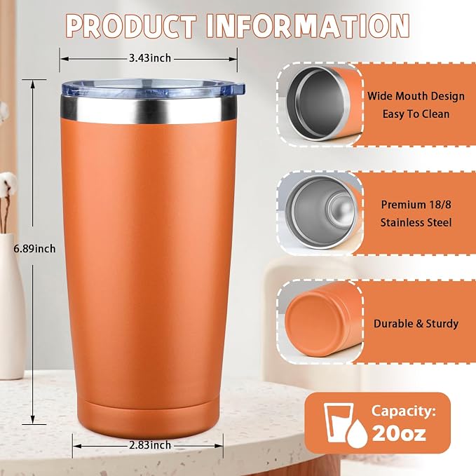20 oz Tumbler with Lids and Straws, Stainless Steel Insulated Coffee Tumbler, Double Wall Vacuum Insulated Travel Mug Cup, Leakproof Thermal Coffee Cup for Hot and Cold Drinks (Orange) - Image 2