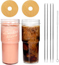 ANOTION Glass Cups with Lids and Straws 2 Packs, 24oz Travel Coffee Mug Wide Mouth Bamboo Mason Jar Iced Coffee Cup Smoothie Cup Glass Tumbler Tea Cup Clear Cute Water Cups Drinking Jars Glasses by ANOTION