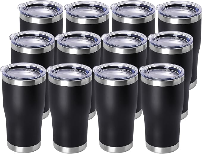 DOMICARE 20oz Tumbler with Lid Stainless Steel Tumblers Bulk, Double Wall Vacuum Insulated Coffee Travel Mug Powder Coated Tumbler, 12 Count (Pack of 1) Black by VisittheDOMICARE