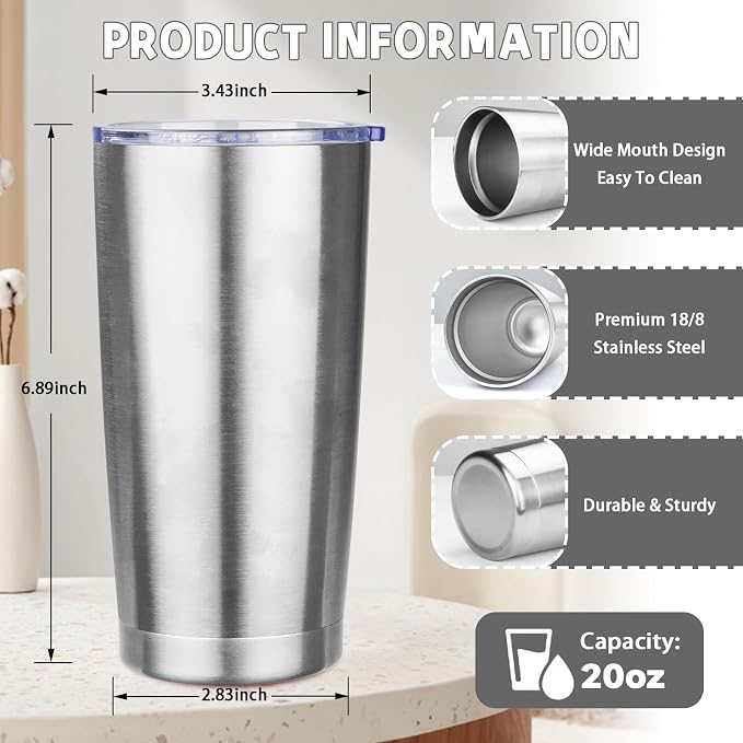 20 oz Tumbler with Lids and Straws, Stainless Steel Insulated Coffee Tumbler, Double Wall Vacuum Insulated Travel Mug Cup, Leakproof Thermal Coffee Cup for Hot and Cold Drinks (Silver) - Image 2