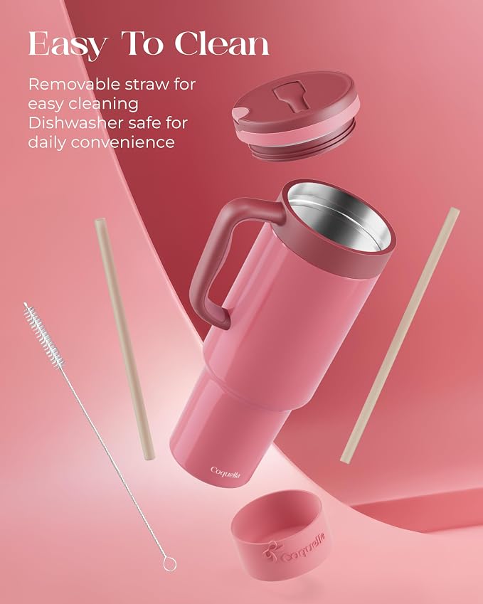 40 oz Insulated Tumbler with Handle and Push-Button Straw Lid, Stainless Steel Travel Cup for Gym Office, Leakproof, BPA-Free, Cup Holder Friendly, Bow Silicone Boot, Pink (Dusty Rose) - Image 6