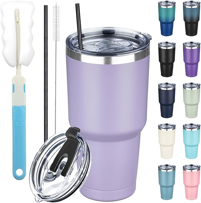 30 oz Tumbler with Lids and Straws, Stainless Steel Insulated Coffee Tumbler, Double Wall Vacuum Insulated Travel Mug Cup, Leakproof Thermal Coffee Cup for Hot and Cold Drinks (Light Purple) by GUDEMAO