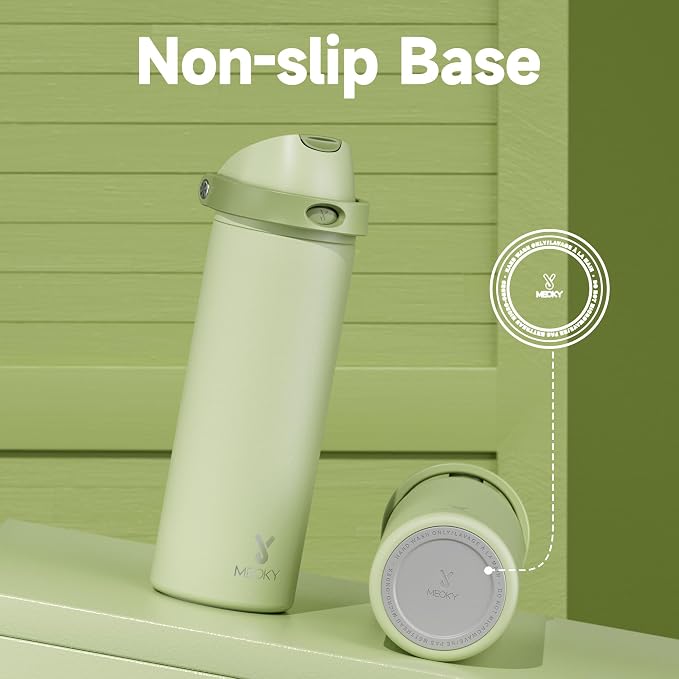 24 oz Insulated Water Bottle with Straw: Meoky Stainless Steel Metal Water Bottle with 2-in-1 Lid - Leak Proof, Cold for 24 Hours, Protective Silicone Base, BPA-Free for Sports Travel Car, Sage - Image 9