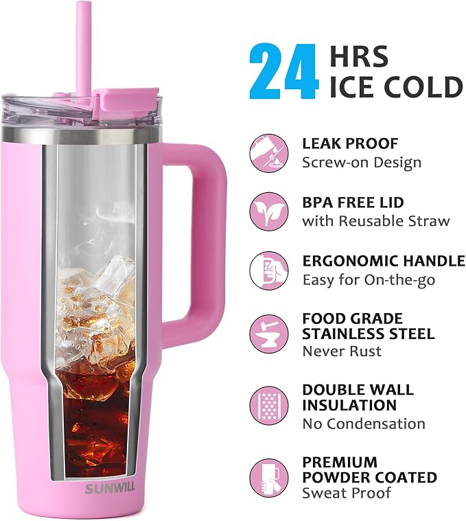 SUNWILL Coffee Tumbler with Handle, 30 oz Travel Mug with Lid and Straw Insulated, Stainless Steel Cup Leak Proof for Travel & Outdoor, Cupholder Friendly, Powder Coated Pink - Image 2