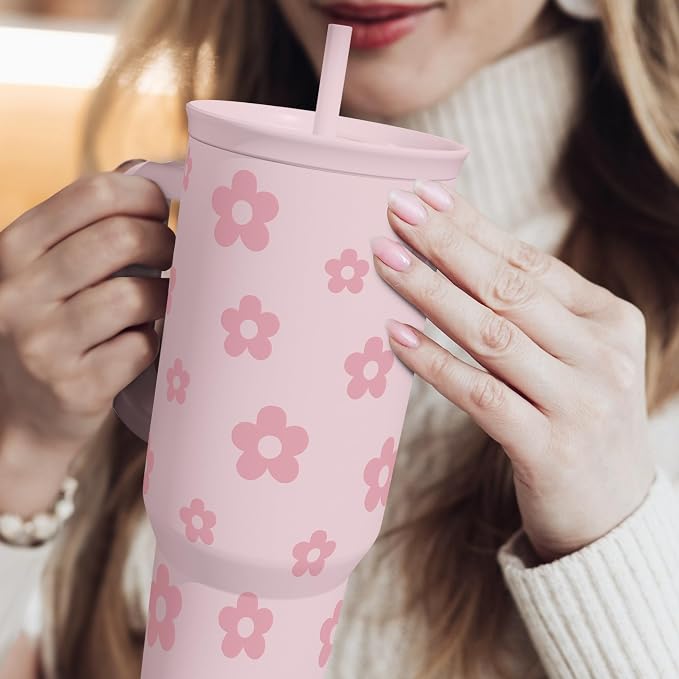 Floral Tumbler with Handle and Straw 40oz Stainless Sleel Slider Tumbler Travel Coffee Mug for Women - Gift Idea for Birthday Christmas - Image 6