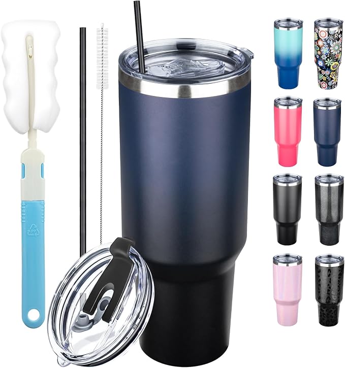 40 oz Tumbler with Lids and Straws, Stainless Steel Insulated Coffee Tumbler, Double Wall Vacuum Insulated Travel Mug Cup, Leakproof Thermal Coffee Cup for Hot and Cold Drinks (Indigo Black) by GUDEMAO