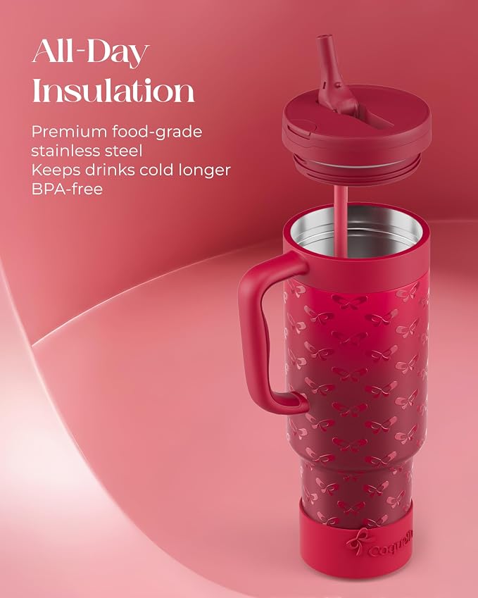 40 oz Insulated Tumbler with Handle and Push-Button Straw Lid, Stainless Steel Travel Cup for Gym Office, Leakproof, BPA-Free, Cup Holder Friendly, Bow Silicone Boot, Red (Coquette Cherry) - Image 4