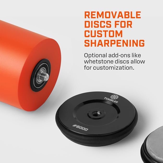 TUMBLER Pro Rolling Knife Sharpener™ - Knife Sharpening Made Easy - Ultimate Gift for Father's Day - Kit with Removable Disc System - 4-Layer Diamond Sharpening Disc & EdgeBoost Ceramic Disc (Orange) - Image 7