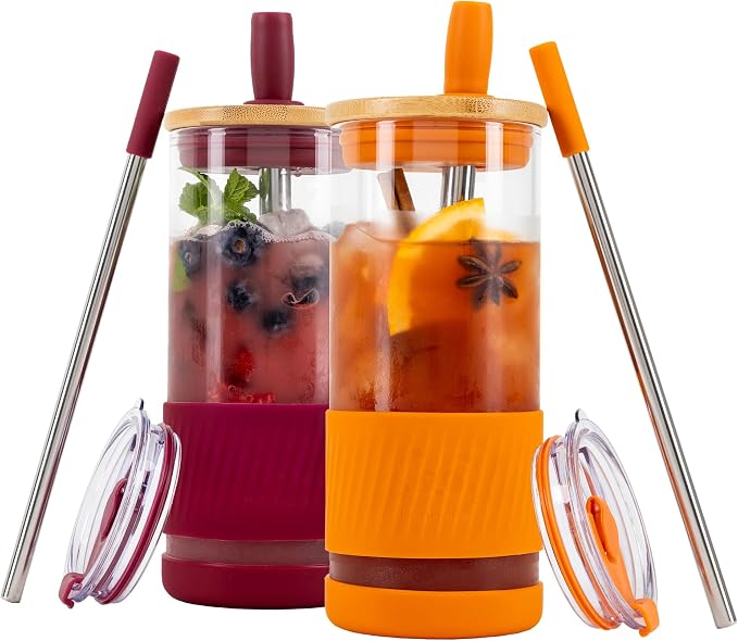 Pandaloo® Glass Cups With Lids and Straws -20 Fl Oz- Perfect Size Iced Coffee Cup - Smoothie Cup With Bamboo Lid and On the go Lid - Glass Tumbler (2 Count (Pack of 1), Boysenberry-Autumn Gold) by Pandaloo