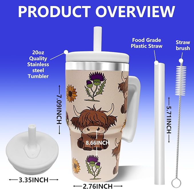 2PCS 20-OZ Insulated Water Bottle,Insulated Stainless Steel Tumbler,Reusable Cold Drink Thermos,BPA-Free, Double-Wall Stainless Steel Water Bottle (Cream-Higland cows, 20, Fluid Ounces) - Image 2