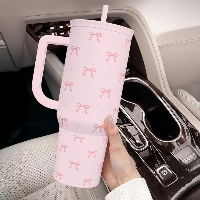 SANDJEST Gift for Women Girls - Coquette Bow Stainless Steel Tumbler with Handle, Travel Coffee Mug - Gifts for Birthday Christmas, 40oz - Image 7