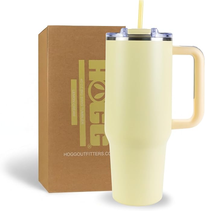 Hogg Big Swig 40 oz Tumbler with Handle and Straw - Lemon Cream, 40oz Insulated Stainless Steel, Water Tumbler with Straw, Water Cup with Handle, Versatile Leak Proof Lid by HoggOutfitters
