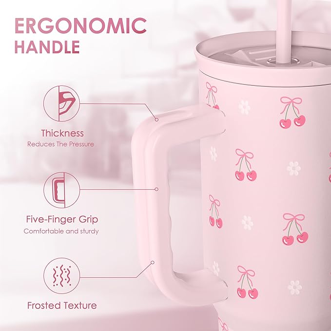 Cherry 40oz Slider Tumbler with Handle and Straw - Insulated Stainless Steel Travel Coffee Mug for Women Girls, Gift for Birthday Christmas - Image 3
