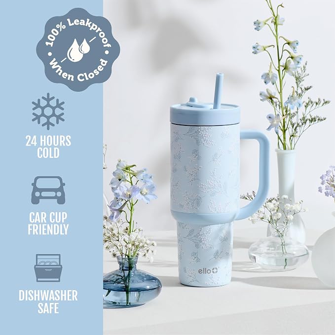 Ello Oasis 40 oz Tumbler with Handle & Retracting Straw | Reusable Insulated Stainless Steel Cup 100% Leakproof, Gifts for Teens Women Men | Keeps cold for 24 Hours, Cup Holder Friendly, Sweet Alyssum - Image 5