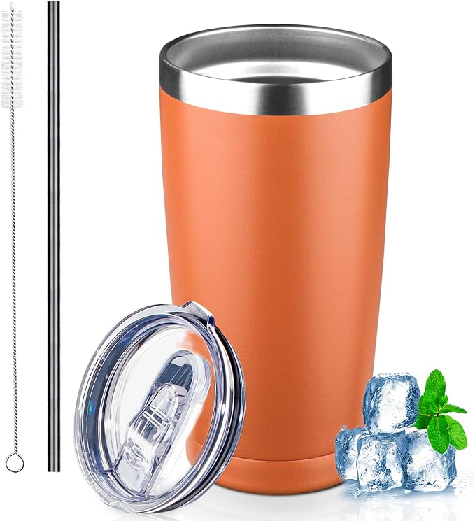 20 oz Tumbler with Lids and Straws, Stainless Steel Insulated Coffee Tumbler, Double Wall Vacuum Insulated Travel Mug Cup, Leakproof Thermal Coffee Cup for Hot and Cold Drinks (Orange) by GUDEMAO