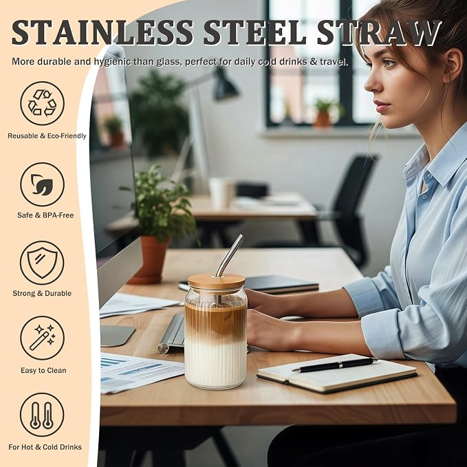 2 Packs Ribbed Glass Tumbler with Lid and Straw 16 oz Vintage Ice Coffee Cup Set Bulk Simple Smoothie Juice Matcha Tea Water Slushie Clear Hot Drink Glasses Travel Mug Modern Kitchen Glassware - Image 4