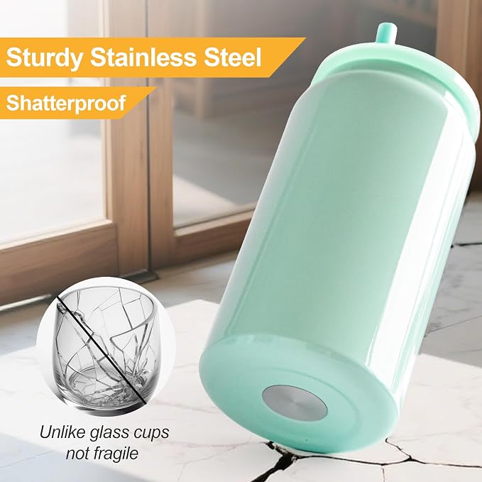 6 Pack Glass Cups with Lids and Straws Unbreakable 16 oz Stainless Steel Can Cup Double Wall Insulated Beer Can Tumbler for Iced Coffee, Juice, Soda, Bright-Colored - Image 2