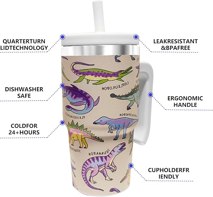 2PCS 20-OZ Insulated Water Bottle,Insulated Stainless Steel Tumbler,Reusable Cold Drink Thermos,BPA-Free, Double-Wall Stainless Steel Water Bottle (Cream-Dinosaurs, 20, Fluid Ounces) - Image 5