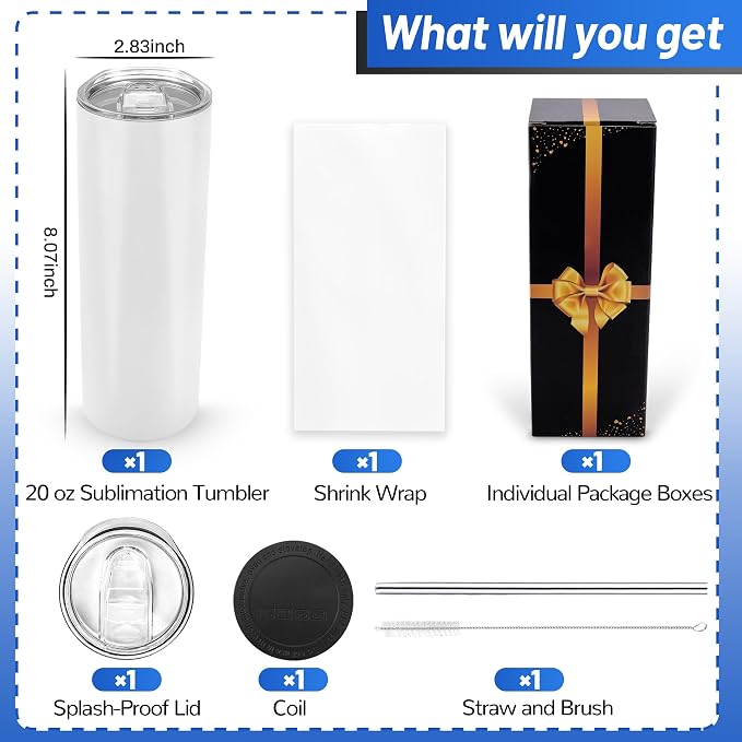 Joyclub Sublimation Tumblers Blanks 20 oz Skinny Straight Tumblers Bulk Stainless Steel Insulated Sublimation Cups with Lids and Straw, Gift Box - Image 2