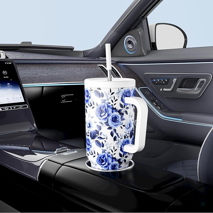 Meoky 40 oz Tumbler with Handle and Straw: Stainless Steel Insulated Tumbler with Lid and Straw - 100% Leak Proof Tumbler for Car Cup Holders - Travelers Commuters Workers, Blue Rose - Image 5