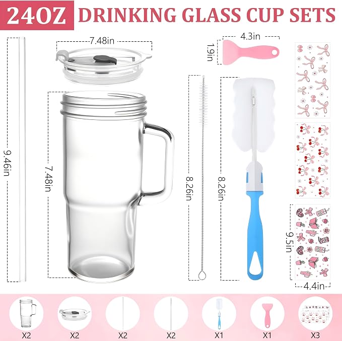 Birity 24oz Pink Bow Glass Cups with Lids and Straws,2 Set Glass Tumbler with Handle,Galss Cup with Stickers and Aesthetic Iced Coffee Cup for Smoothies,Tea,Juice,Boba,Christmas Gifts for Women - Image 3