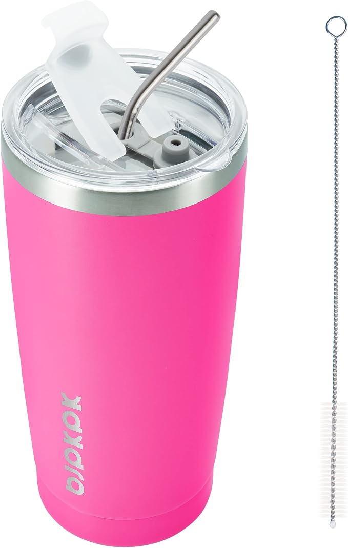 BJPKPK 20oz Stainless Steel Tumbler with Lid, Double Wall Vacuum Coffee Cup, Travel Mug for Ice Drink and Hot Beverage, Insulation Travel Tumbler Cup with Straws,Pink by BJPKPK