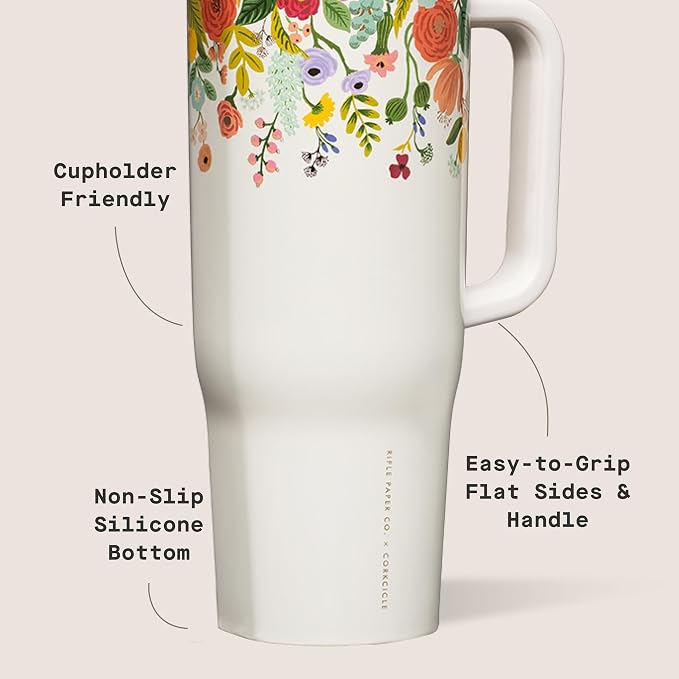 Corkcicle x Rifle Paper Co. Cruiser Insulated Tumbler with Handle & Straw - Keeps Drinks Cold 20 Hours - BPA-Free - Gift for Mom - Great for Mother's Day or Christmas - 40 oz - Garden Party Cream - Image 4