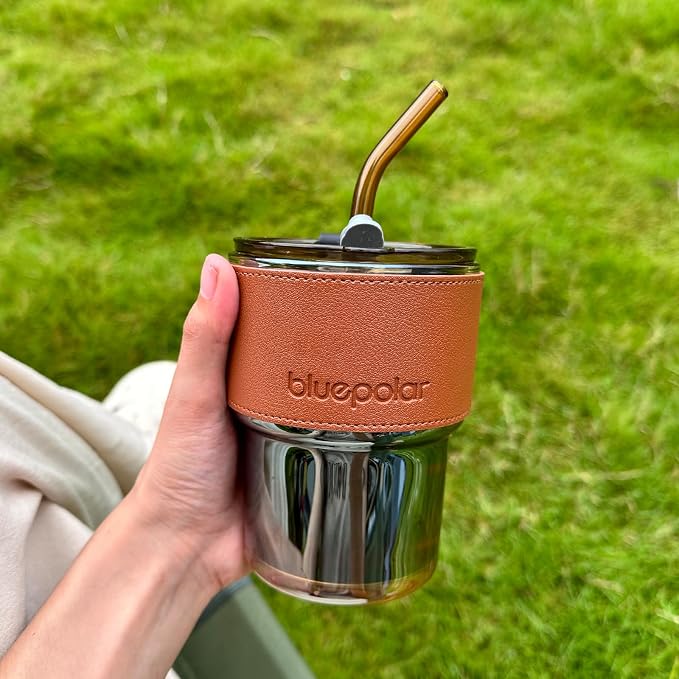 BLUEPOLAR 13oz/400ml Tumbler Water Glass, Cups with Straw and Lid Sealed Carry on for Coffee, Iced Tea, Thick Wall Insulated Glass Cup (Amberwith Protect Sleeve) - Image 4