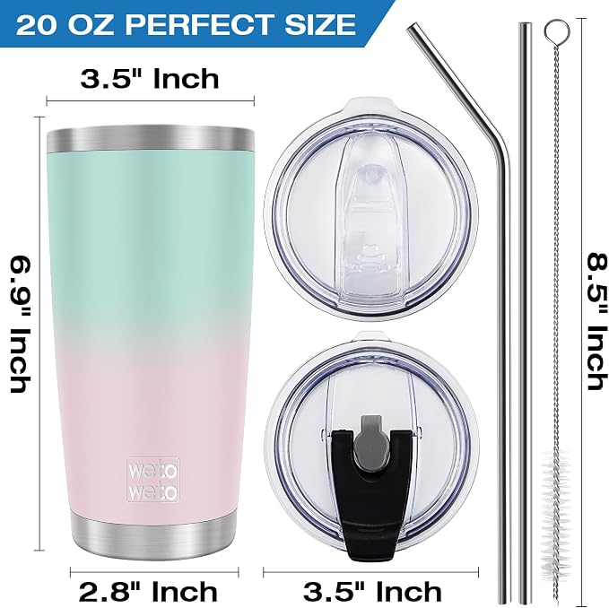 WETOWETO 20oz Insulated Stainless Steel Tumbler, Coffee Tumbler with 2 Lids and 2 Straws, Double Wall Vacuum Leak-proof Travel Coffee Mug, Powder Coated Water Cup (Green-Pink Gradient, 1 Pack) - Image 3