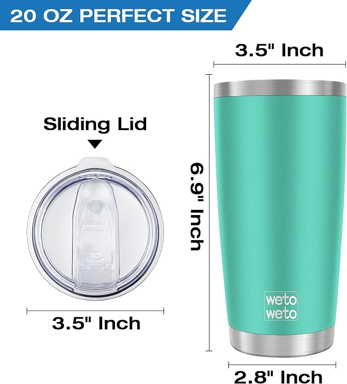 WETOWETO 20oz Insulated Stainless Steel Tumbler, Double Wall Vacuum Leak-proof Travel Coffee Mug, Powder Coated Water Cup (Cyan, 1 Pack) - Image 3
