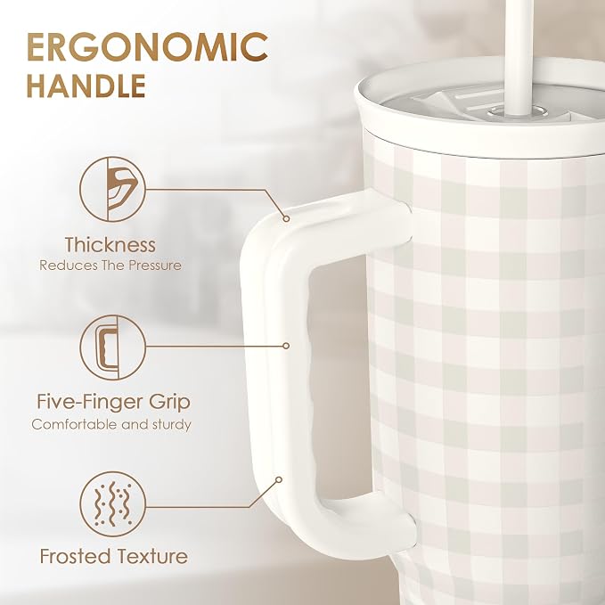 SANDJEST Grey Gingham 40oz Slider Tumbler with Handle and Straw - Insulated Stainless Steel Travel Coffee Mug for Women Girls, Gift for Birthday, Christmas - Image 3