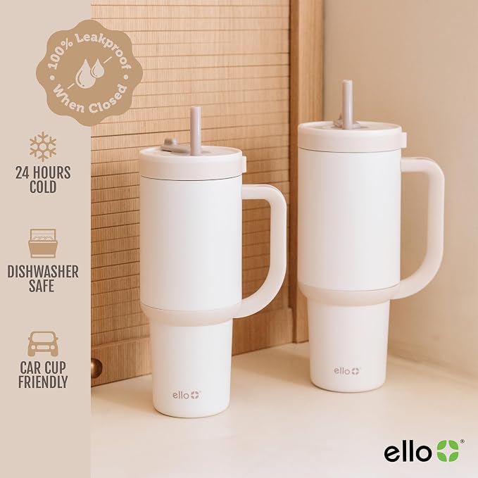 Ello Oasis 40 oz Tumbler with Handle & Retracting Straw | Reusable Insulated Stainless Steel Cup 100% Leakproof, Gifts for Teens Women Men | Keeps cold for 24 Hours, Cup Holder Friendly, Cream Tonal - Image 5