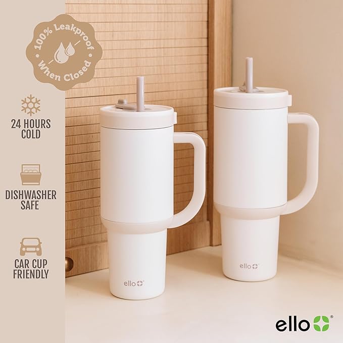 Ello Oasis 30 oz Tumbler with Handle & Retracting Straw | Reusable Insulated Stainless Steel Cup 100% Leakproof, Gifts for Teens Women Men | Keeps cold for 24 Hours, Cup Holder Friendly, Cream Tonal - Image 5