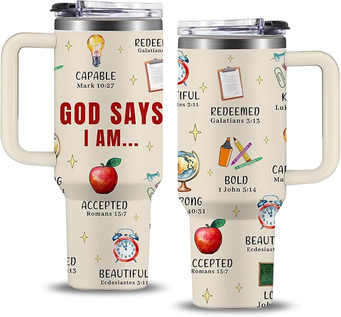 Christian Teacher Gift, 40oz God Says I Am Teacher Tumbler With Handle, Christian Gifts for Women, Inspirational Religious Birthday Gifts for Teachers Bible Verse Cup, Teachers Appreciation Gifts by NIAXAUYT