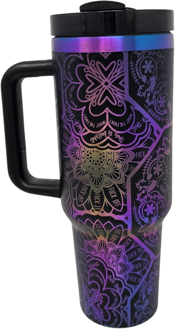 Hidden Cuss Word Tumbler 40oz Laser Engraved Funny Nurse Gift Swear Tumbler with Lid and Straw, Multicolor, Gag Gift Hidden Curse Words Stainless Steel Travel Mug (Charcoal with Blue Purple Underlay) by Handmade