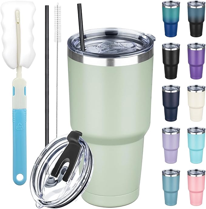 30 oz Tumbler with Lids and Straws, Stainless Steel Insulated Coffee Tumbler, Double Wall Vacuum Insulated Travel Mug Cup, Leakproof Thermal Coffee Cup for Hot and Cold Drinks (Green Tea) by GUDEMAO