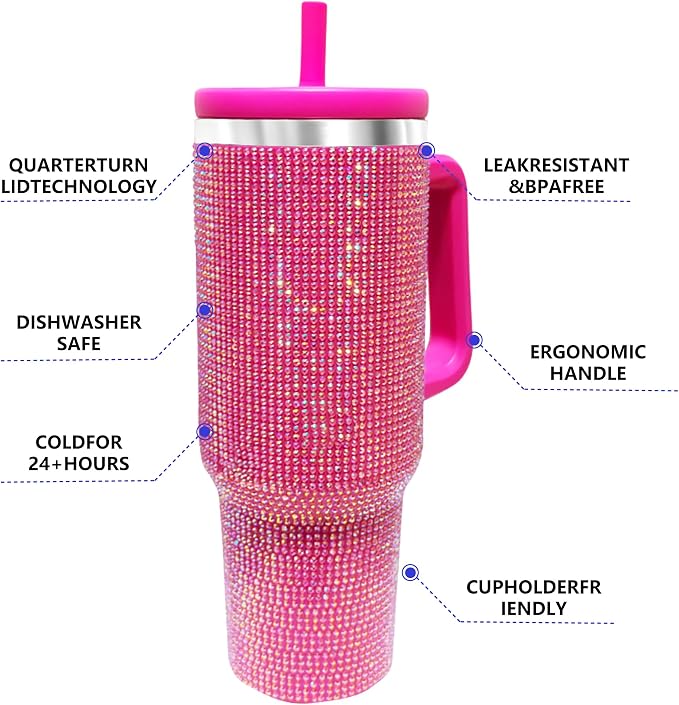 40-OZ Insulated Water Bottle,Insulated Stainless Steel Tumbler,Reusable Cold Drink Thermos,BPA-Free, Double-Wall Stainless Steel Water Bottle (Rose Red-Diamond, 40, Fluid Ounces) - Image 5