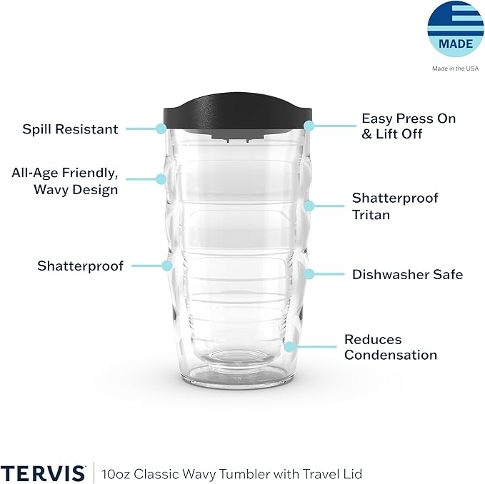 Tervis Clear & Colorful Lidded Made in USA Double Walled Insulated Tumbler Travel Cup Keeps Drinks Cold & Hot, 10oz Wavy, Blue Lid - Image 3