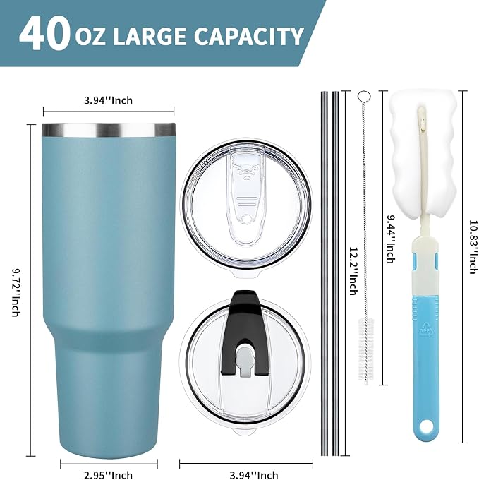 40 oz Tumbler with Lids and Straws, Stainless Steel Insulated Coffee Tumbler, Double Wall Vacuum Insulated Travel Mug Cup, Leakproof Thermal Coffee Cup for Hot and Cold Drinks (azure blue) - Image 2