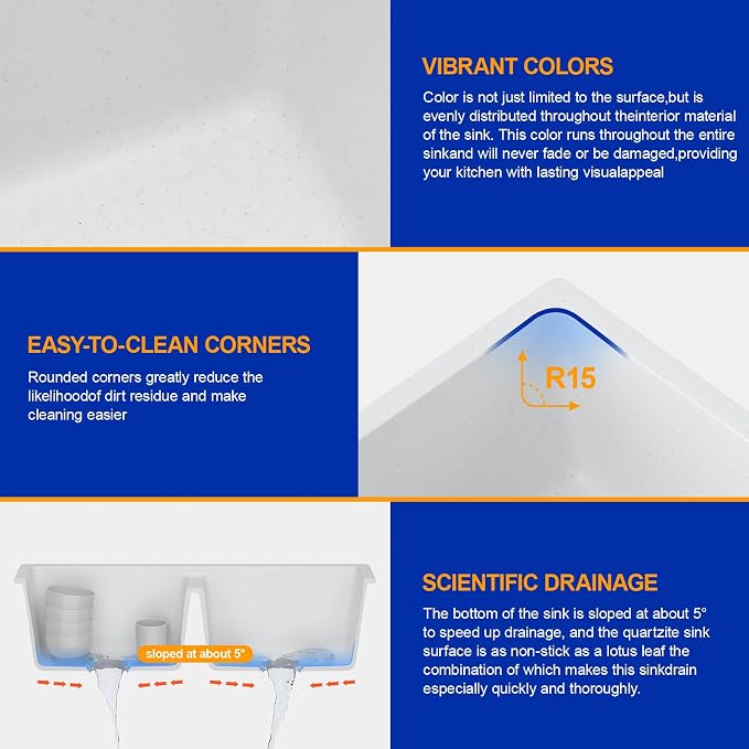 Dcolora 33 Inch Double Bowl Undermount Kitchen Sink White Deep Double Basin - Image 5
